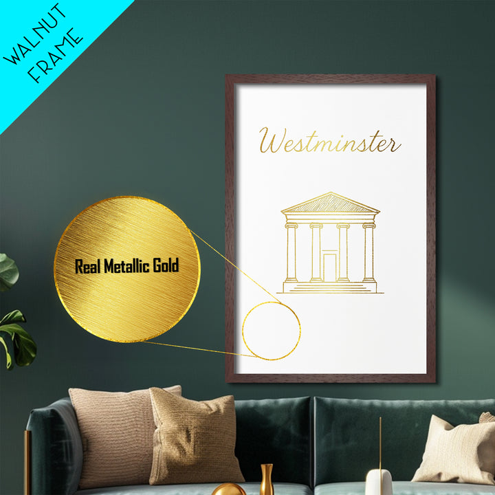Westminster California Travel, Metallic Gold Print, Wood Framed Art, Metal Art, Modern Wall Art, Graduation Travel Gift, Living Room Decor