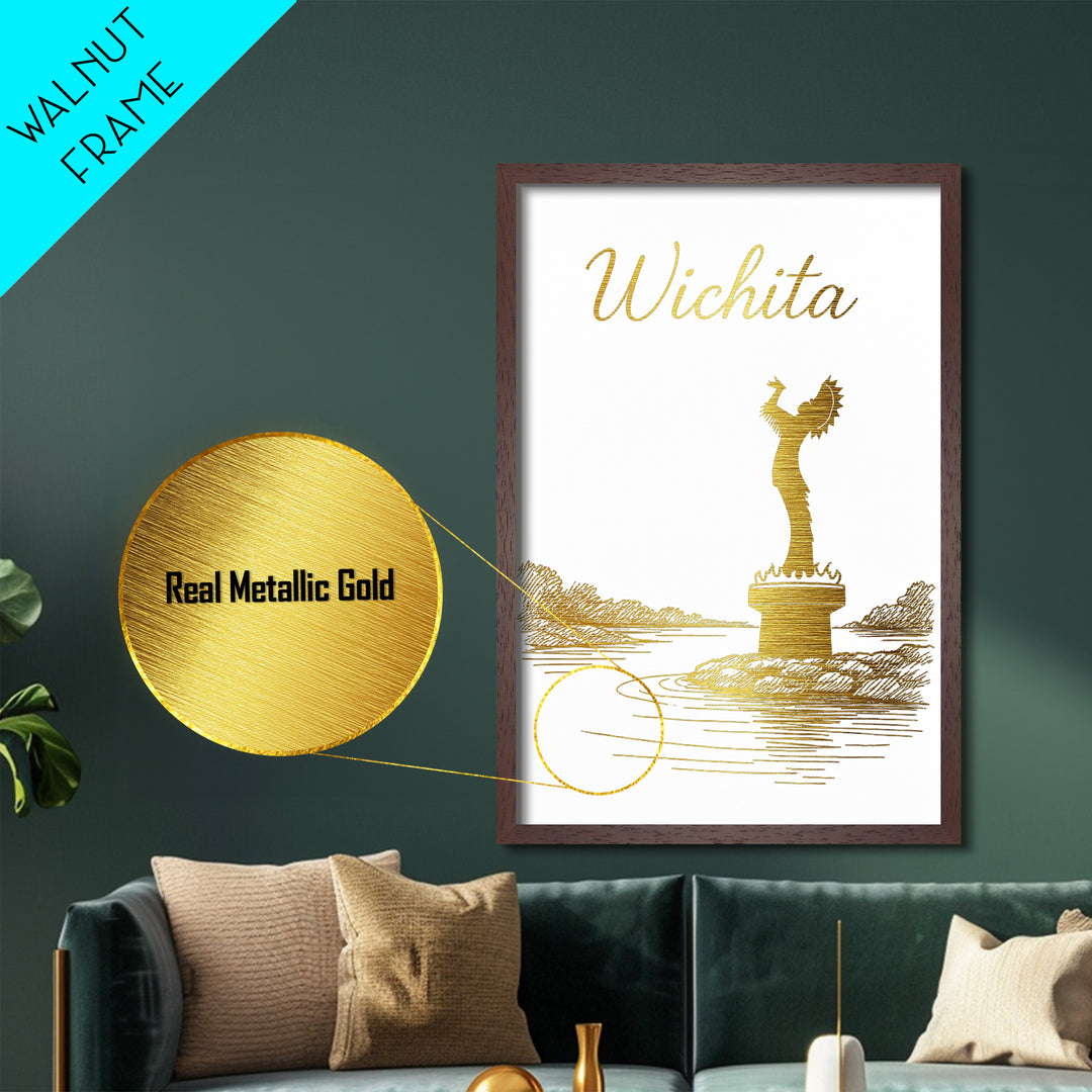 Wichita Kansas Travel, Metallic Gold Print, Wood Framed Art, Metal Art, Minimalist Wall Art, Destination Gift, Home Decor