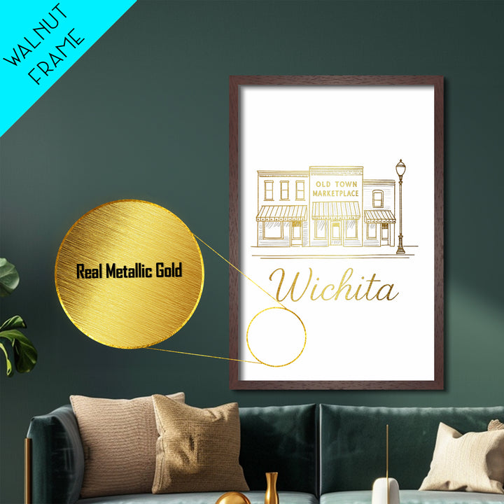 Wichita Kansas Art, Metallic Gold Art, Wood Framed Art, Metal Art, Modern House Art, Wanderlust Gift, Bedroom Decor