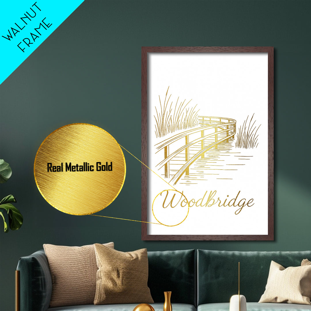 Woodbridge Virginia Travel, Metallic Gold Print, Wood Framed Art, Metal Art, Modern Wall Art, Anniversary Travel Gift, Living Room Decor