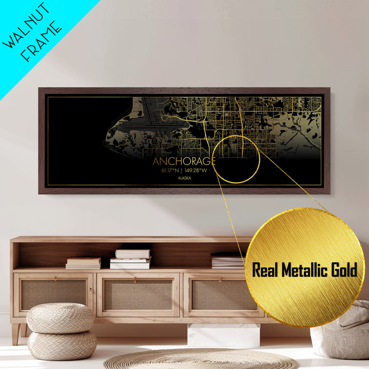 Anchorage Alaska City street map, Panoramic art, black and gold, Metallic Gold Print, Metal Art, real wood frames, Gold Street Map Art