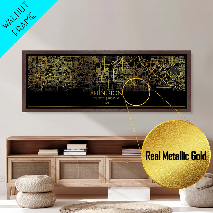 Arlington Texas City Poster, Panoramic street map, black and gold, Metallic Gold Art, Metal Art, wood framed map, Modern House Art
