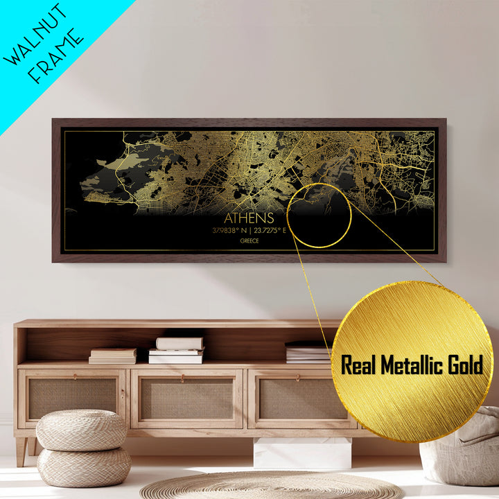 Athens Greece City street map, Panoramic art, black and gold, Metallic Gold Print, Metal Art, real wood frames, Housewarming Gift