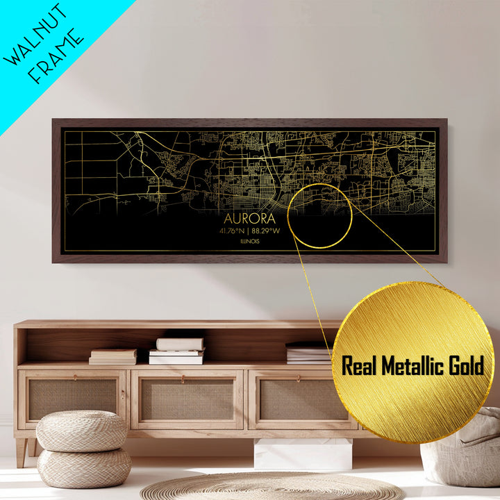 Aurora Illinois City street map, Panoramic art, black and gold, Metallic Gold Print, Metal Art, real wood frames, Map Print, Office Decor