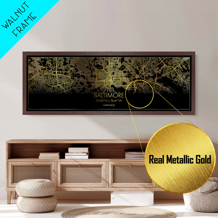 Baltimore Maryland City street map, Panoramic art, black and gold, Metallic Gold Print, Metal Art, real wood frames, Modern Wall Art