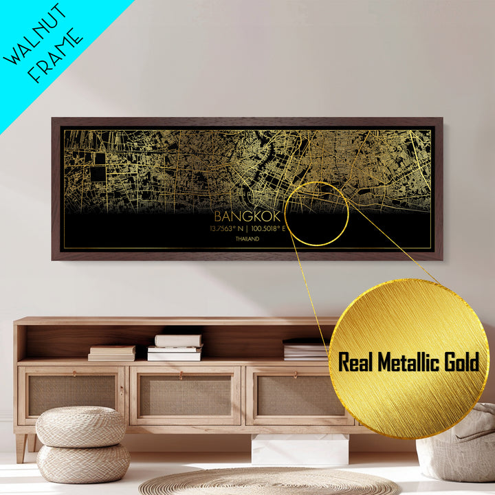 Bangkok Thailand City Poster, Panoramic street map, black and gold, Metallic Gold Art, Metal Art, wood framed map, Metallic Gold Foil  Art