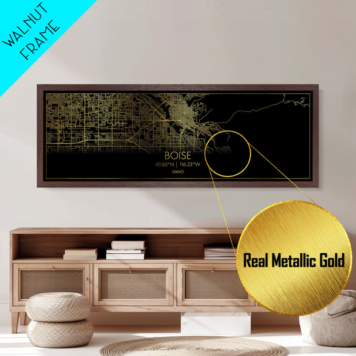 Boise Idaho Poster, Panoramic street map, black and gold, Metallic Gold Art, Metal Art, wood framed map, Minimalist Wall Art, Map Poster