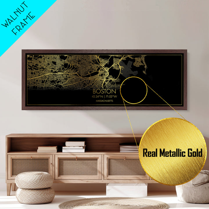 Boston Massachusetts map, Panoramic art, black and gold, Metallic Gold Print, Metal Art, real wood frames, Wall Art, Housewarming Gift