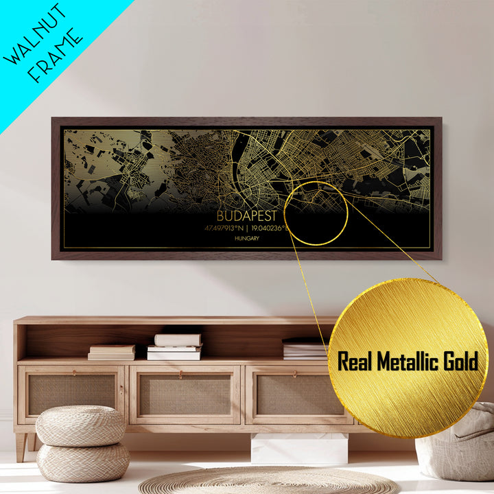 Budapest Hungary City street map, Panoramic art, black and gold, Metallic Gold Print, Metal Art, real wood frames, Minimalist Wall Art