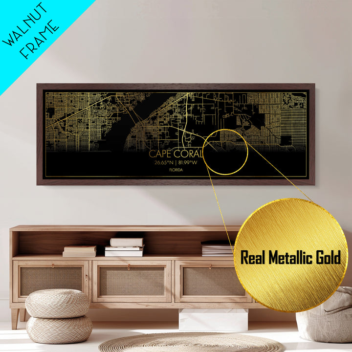 Cape Coral Florida City street map, Panoramic art, black and gold, Metallic Gold Print, Metal Art, real wood frames, Housewarming Gift