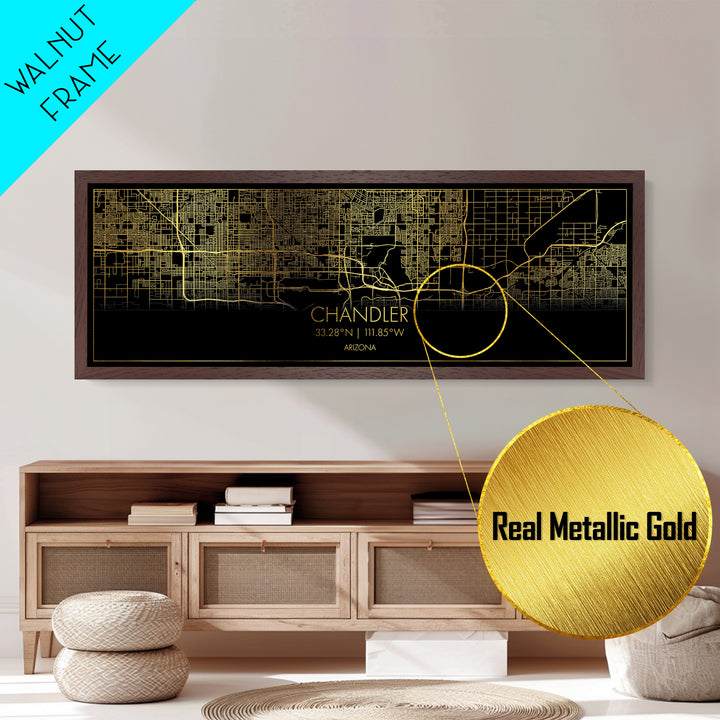 Chandler Arizona City Poster, Panoramic street map, black and gold, Metallic Gold Art, Metal Art, wood framed map, Best Friend Gifts