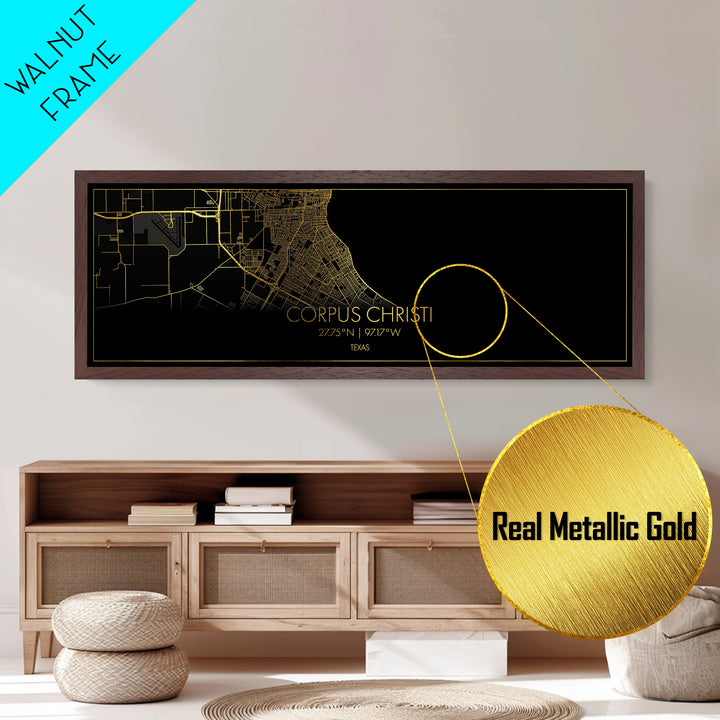 Corpus Christi Texas City street map, Panoramic art, black and gold, Metallic Gold Print, Metal Art, real wood frames, Best Friend Gifts