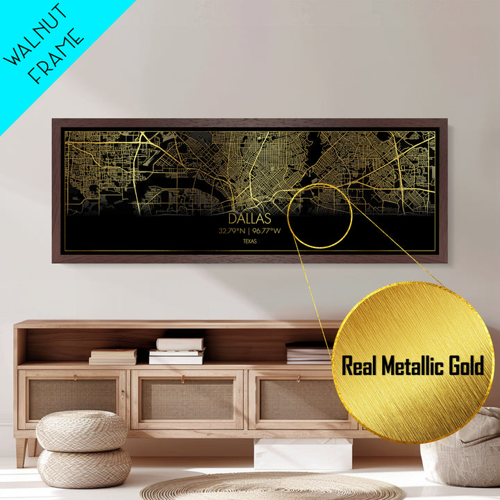 Dallas Texas City Poster, Panoramic street map, black and gold, Metallic Gold Art, Metal Art, wood framed map, City Map Print Poster