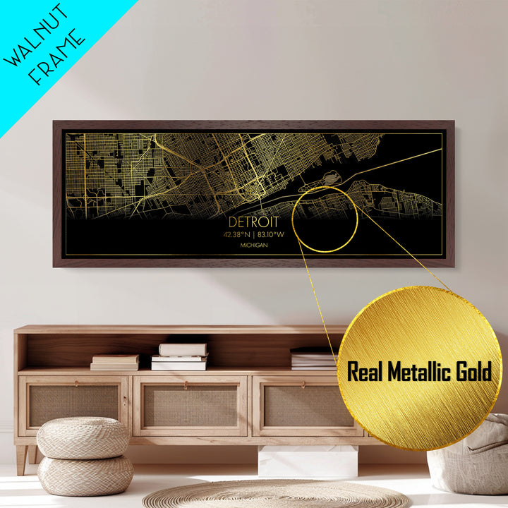 Detroit Michigan City street map, Panoramic art, black and gold, Metallic Gold Print, Metal Art, real wood frames, Minimalist Wall Art