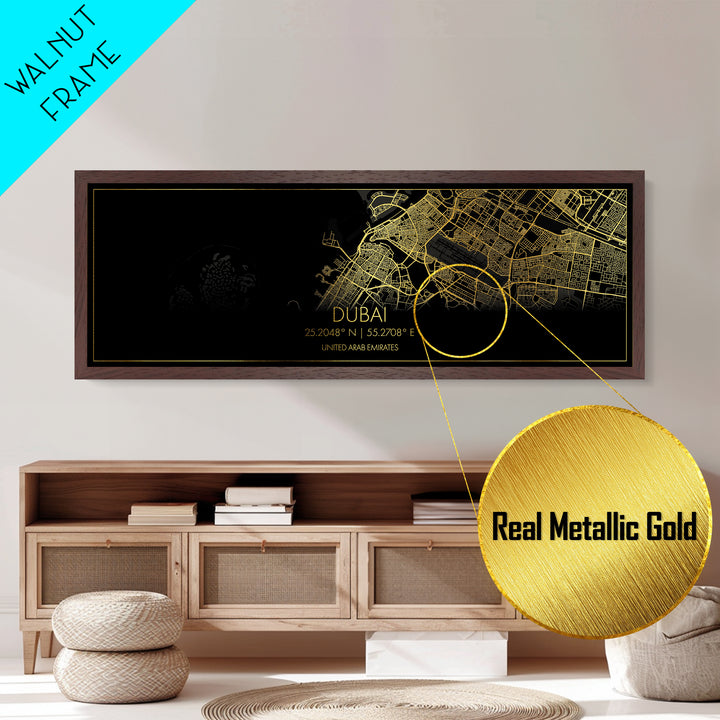 Dubai United Arab Emirates City Poster, Panoramic street map, black and gold, Metallic Gold Art, Metal Art, wood framed map, Modern Wall Art
