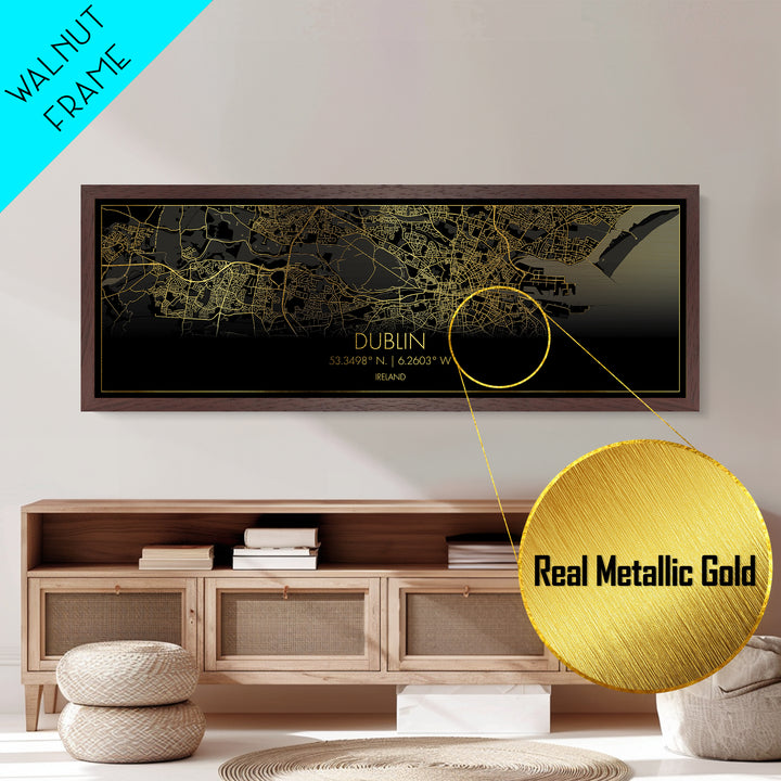 Dublin Ireland map, Panoramic art, black and gold, Metallic Gold Print, Metal Art, real wood frames, Street Map Art, Housewarming Gift
