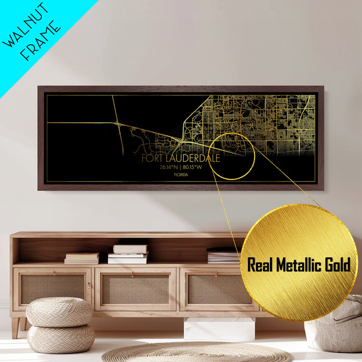 Fort Lauderdale Florida City street map, Panoramic art, black and gold, Metallic Gold Print, Metal Art, real wood frames, Modern Wall Art