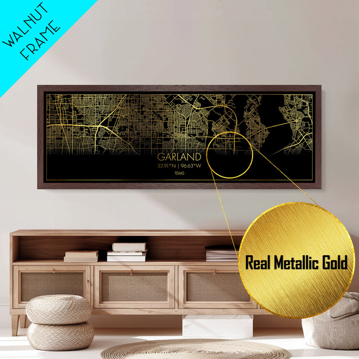 Garland Texas City Poster, Panoramic street map, black and gold, Metallic Gold Art, Metal Art, wood framed map, City Map Print Poster