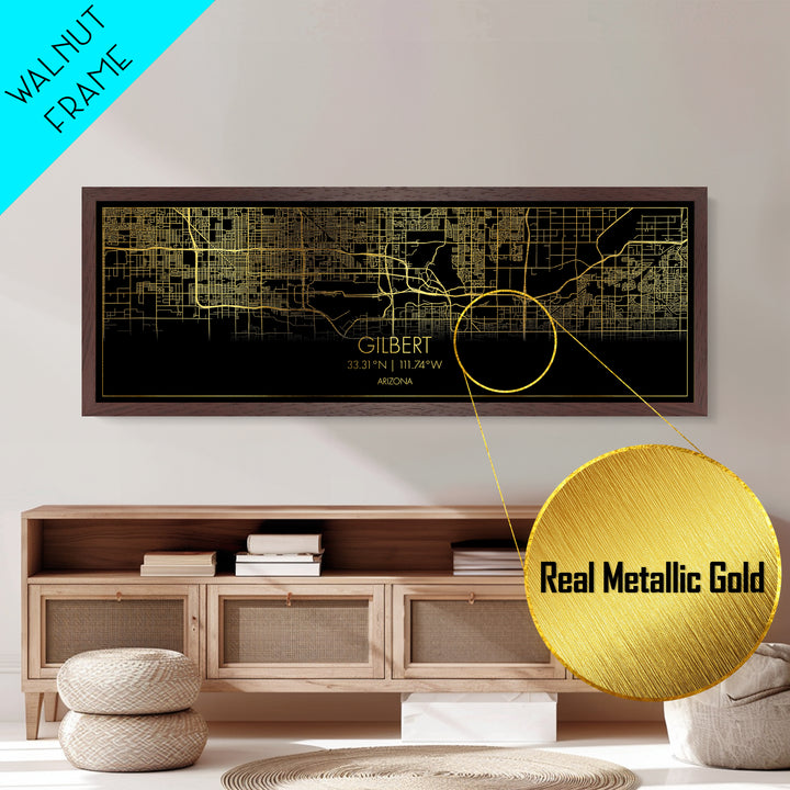 Gilbert Arizona map, Panoramic art, black and gold, Metallic Gold Print, Metal Art, real wood frames, Street Map Art, Best Friend Gifts
