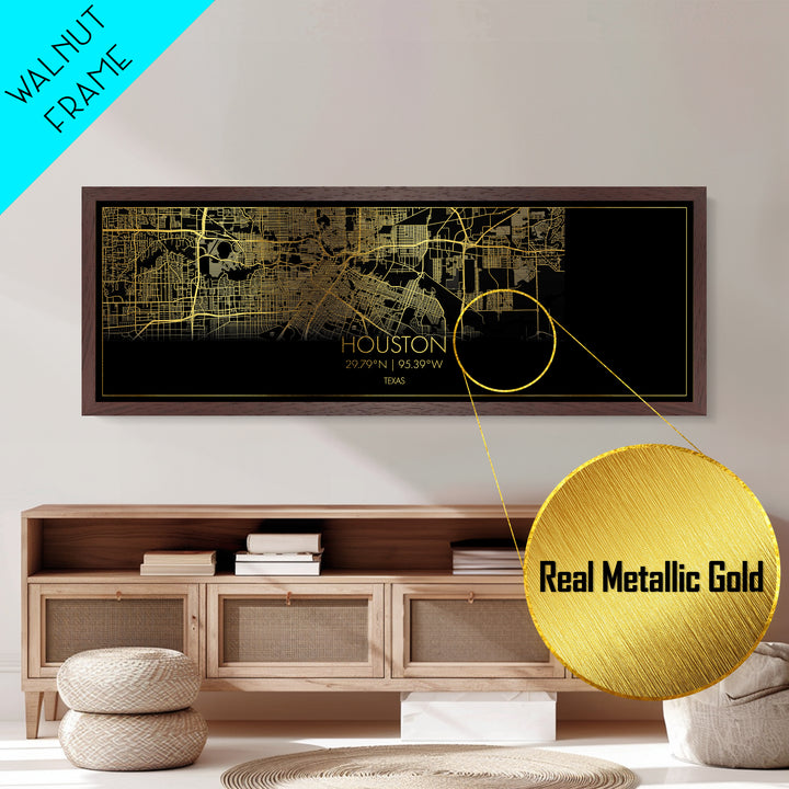 Houston Texas City Poster, Panoramic street map, black and gold, Metallic Gold Art, Metal Art, wood framed map, Housewarming Gift