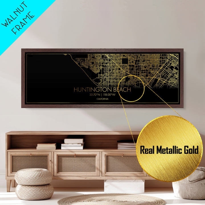 Huntington Beach California street map, Panoramic art, black and gold, Metallic Gold Print, Metal Art, real wood frames, Modern Wall Art