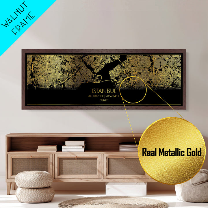 Istanbul Turkey map, Panoramic art, black and gold, Metallic Gold Print, Metal Art, real wood frames, Street Map Art, Best Friend Gifts