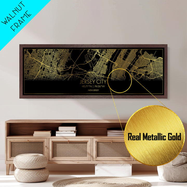 Jersey City New Jersey City street map, Panoramic art, black and gold, Metallic Gold Print, Metal Art, real wood frames, Minimalist Wall Art