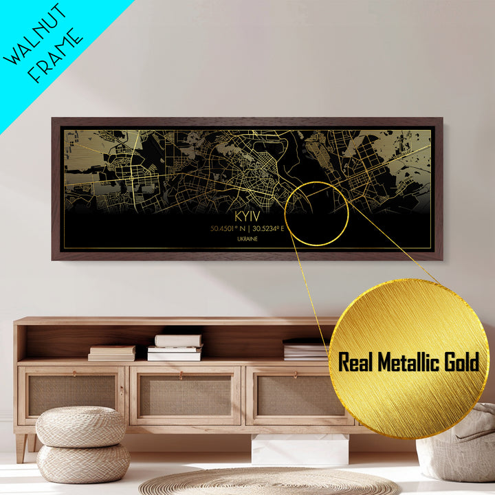 Kyiv Ukraine City Poster, Panoramic street map, black and gold, Metallic Gold Art, Metal Art, wood framed map, Wall Art, College Dorm Décor