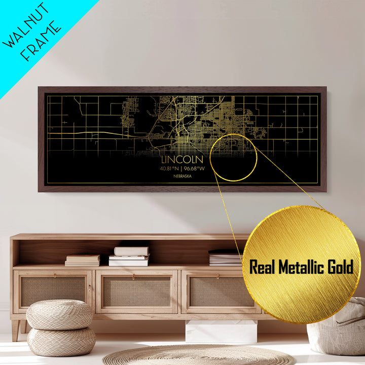 Lincoln Nebraska City Poster, Panoramic street map, black and gold, Metallic Gold Art, Metal Art, wood framed map, College Dorm Décor