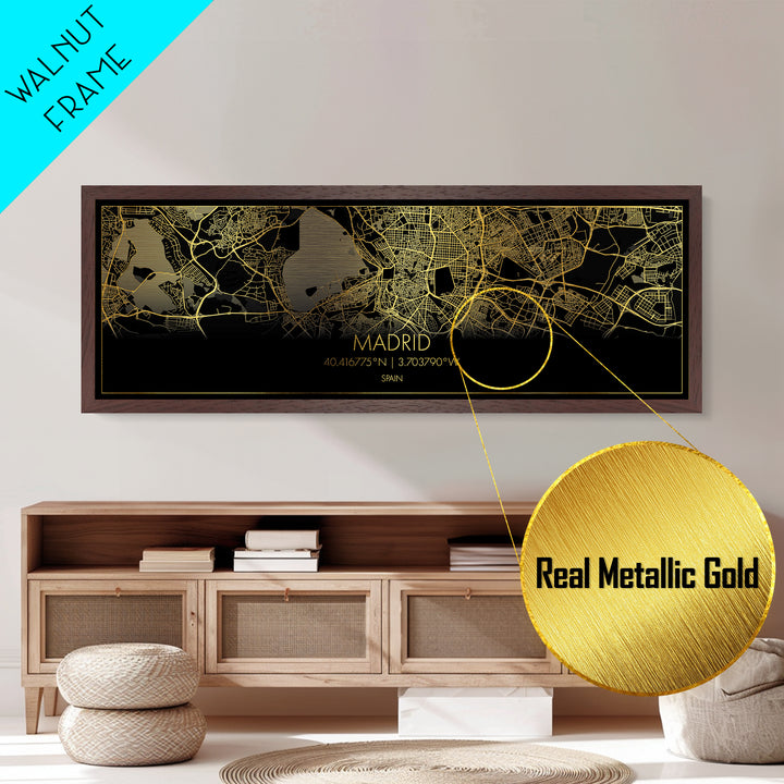 Madrid Spain City Poster, Panoramic street map, black and gold, Metallic Gold Art, Metal Art, wood framed map, College Dorm Décor