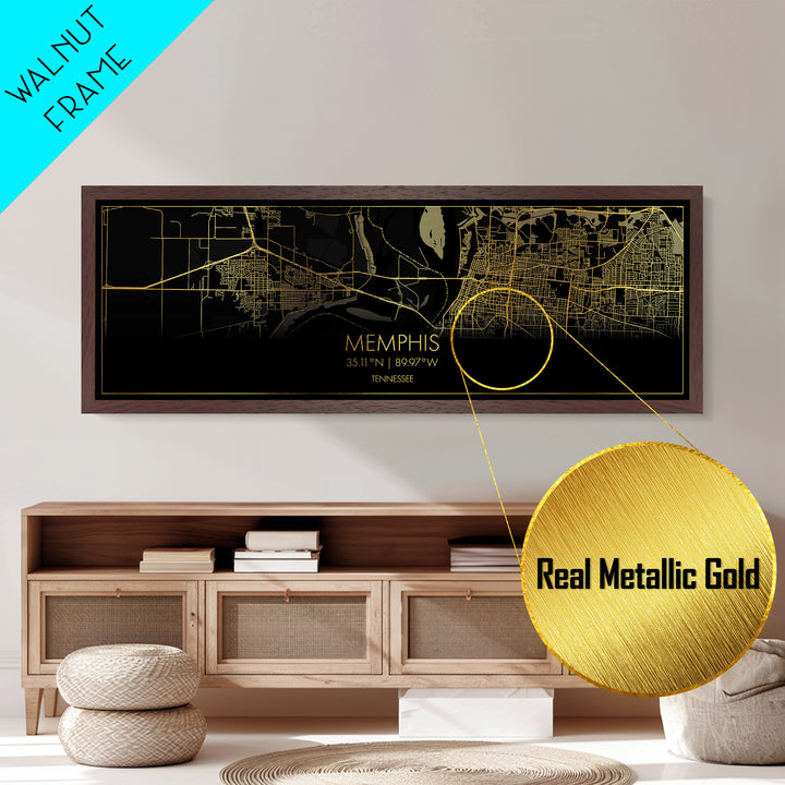 Memphis Tennessee City street map, Panoramic art, black and gold, Metallic Gold Print, Metal Art, real wood frames, Housewarming Gift