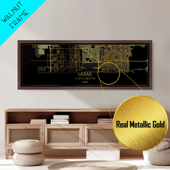Miami Florida City street map, Panoramic art, black and gold, Metallic Gold Print, Metal Art, real wood frames, Office Decor, Wall Art