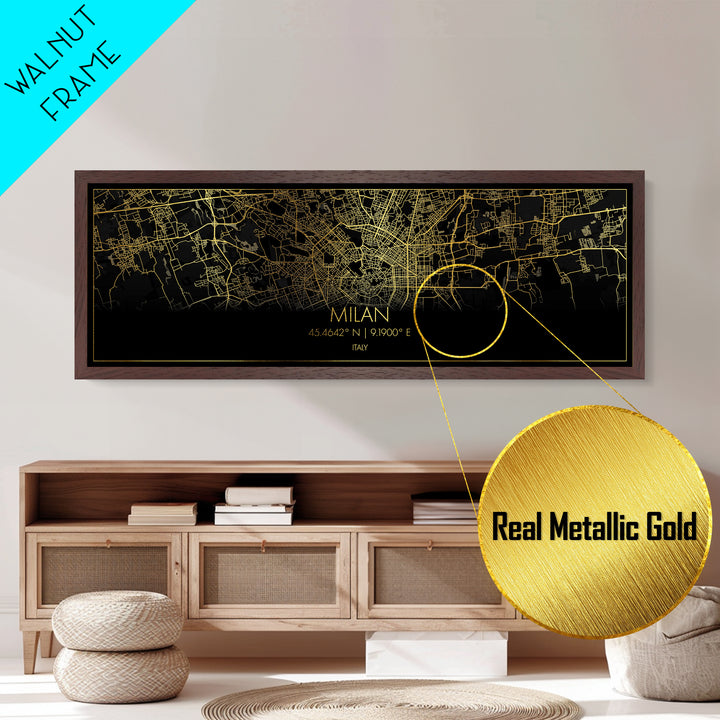 Milan Italy City Poster, Panoramic street map, black and gold, Metallic Gold Art, Metal Art, wood framed map, Modern Wall Art