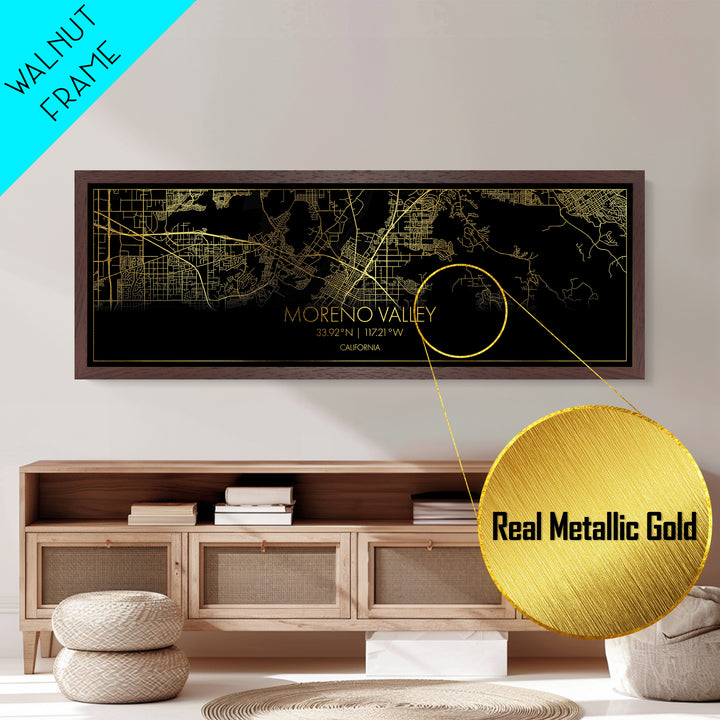 Moreno Valley California City Poster, Panoramic street map, black and gold, Metallic Gold Art, Metal Art, wood framed map, Modern Wall Art