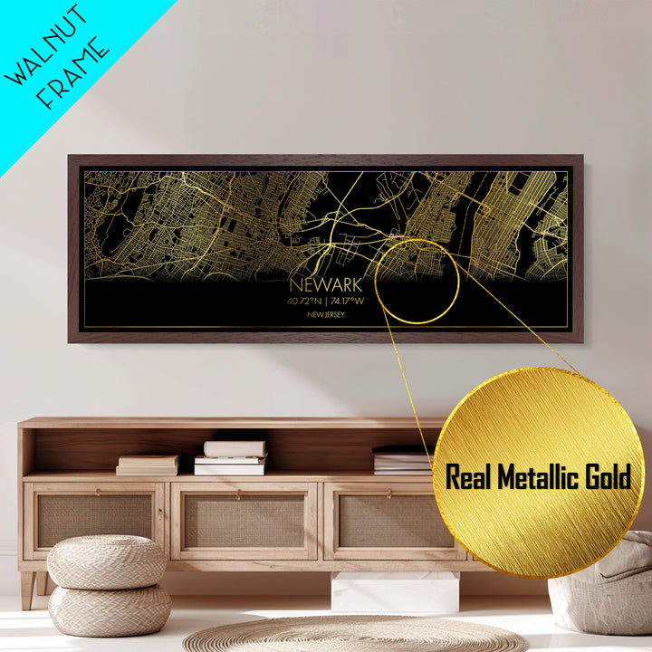 Newark New Jersey City Poster, Panoramic street map, black and gold, Metallic Gold Art, Metal Art, wood framed map, Wall Art, Closing Gift
