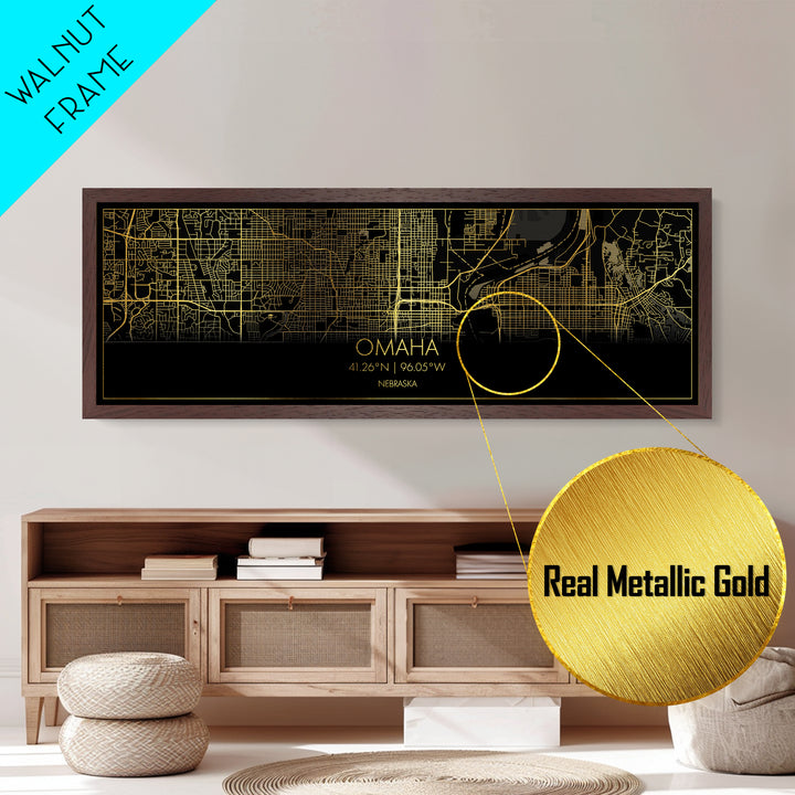 Omaha Nebraska City street map, Panoramic art, black and gold, Metallic Gold Print, Metal Art, real wood frames, Housewarming Gift