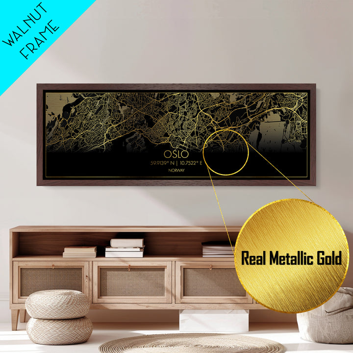 Oslo Norway City Poster, Panoramic street map, black and gold, Metallic Gold Art, Metal Art, wood framed map, City Map Print Poster