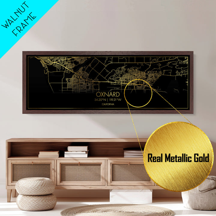 Oxnard California City Poster, Panoramic street map, black and gold, Metallic Gold Art, Metal Art, wood framed map, Housewarming Gift