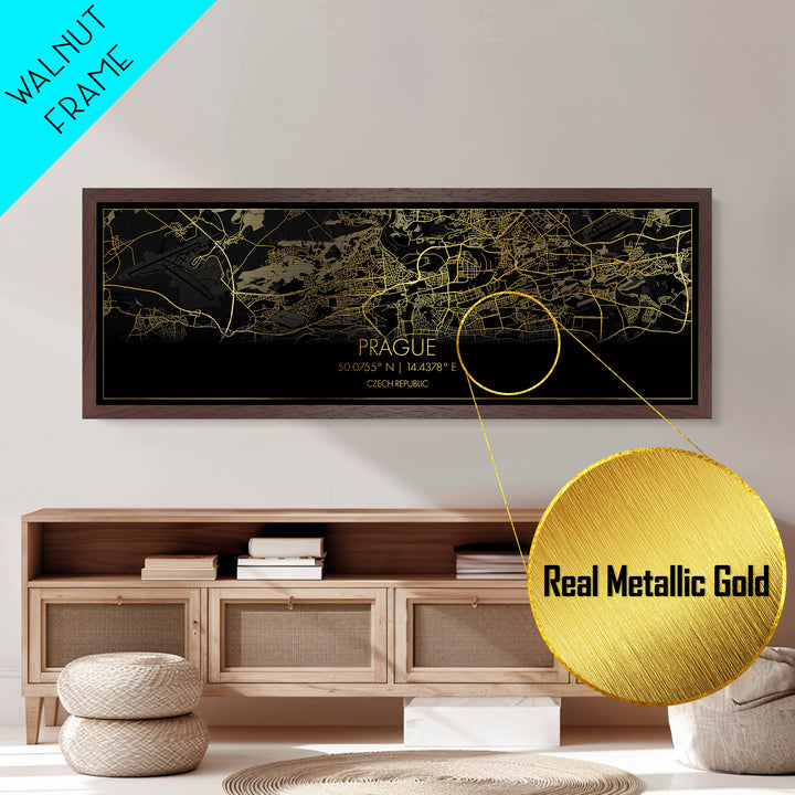 Prague Czech Republic City Poster, Panoramic street map, black and gold, Metallic Gold Art, Metal Art, wood framed map, Street Map Art