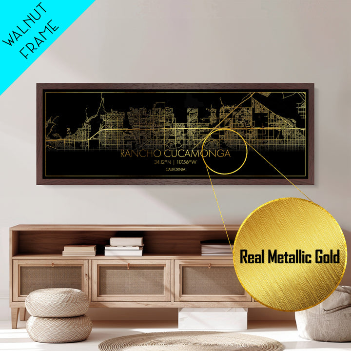 Rancho Cucamonga California street map, Panoramic art, black and gold, Metallic Gold Print, Metal Art, real wood frames, Housewarming Gift