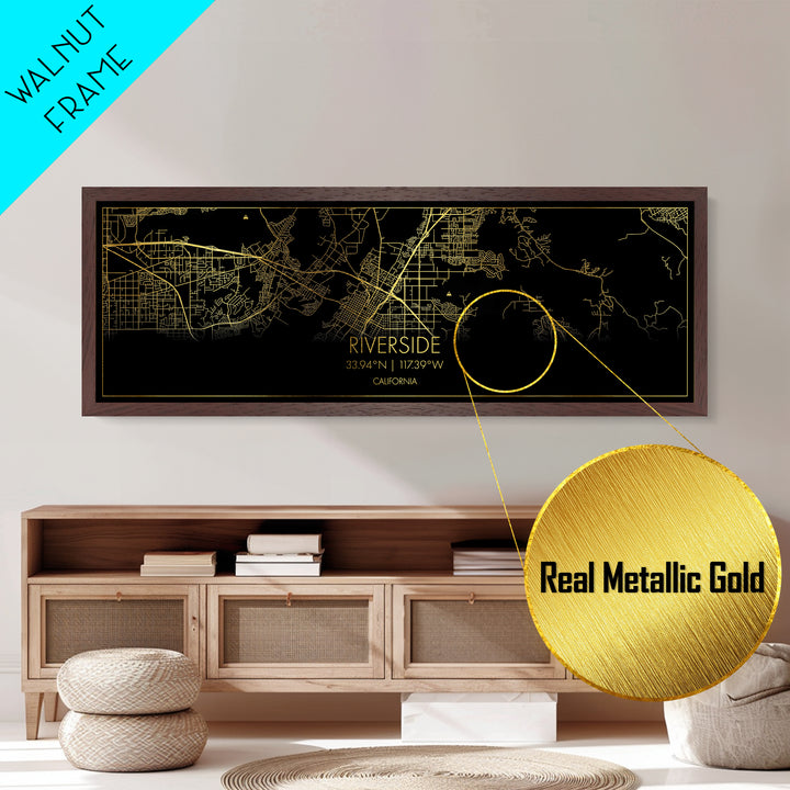 Riverside California City Poster, Panoramic street map, black and gold, Metallic Gold Art, Metal Art, wood framed map, City Map Print Poster