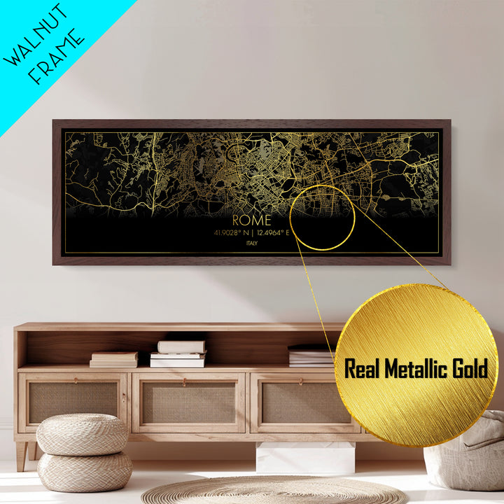 Rome Italy map, Panoramic art, black and gold, Metallic Gold Print, Metal Art, real wood frames, Street Map Art, City Map Print Poster