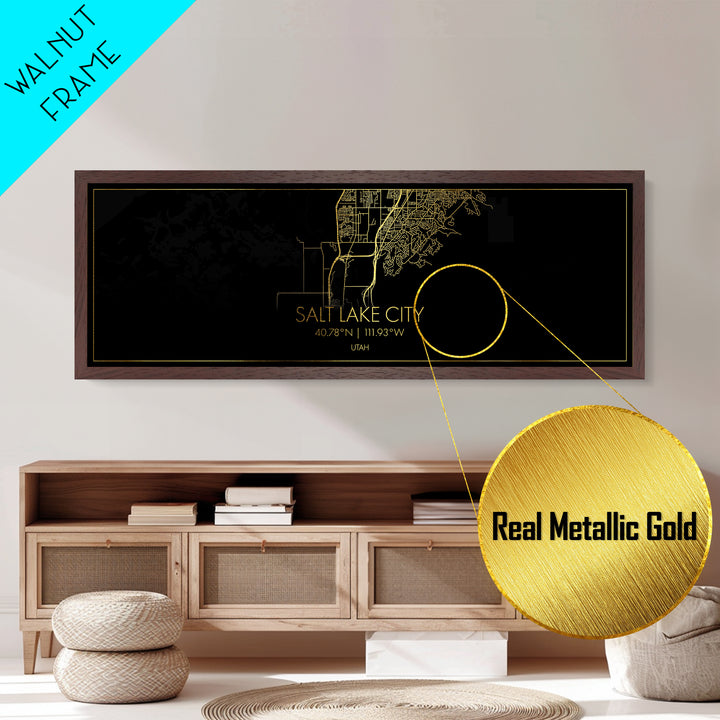 Salt Lake City Utah map, Panoramic art, black and gold, Metallic Gold Print, Metal Art, real wood frames, Modern Wall Art, Map Print Poster