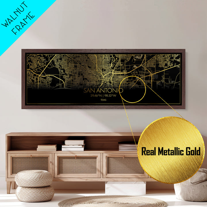 San Antonio Texas Poster, Panoramic street map, black and gold, Metallic Gold Art, Metal Art, wood framed map, Best Friend Gifts