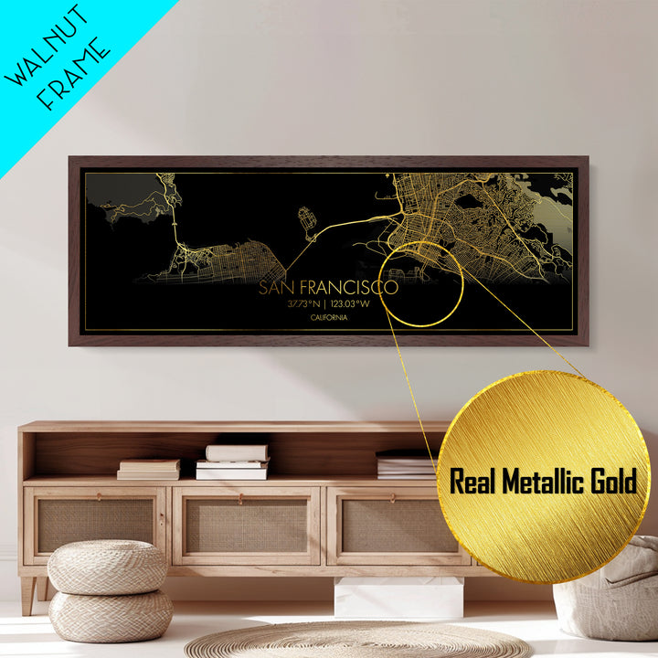 San Francisco California City street map, Panoramic art, black and gold, Metallic Gold Print, Metal Art, real wood frames, Housewarming Gift