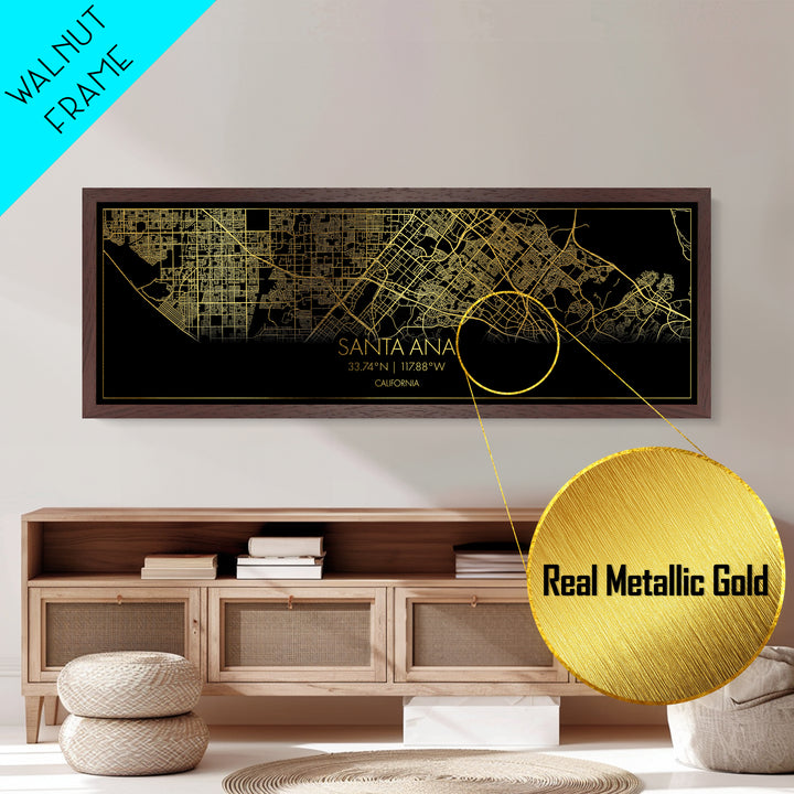 Santa Ana California City street map, Panoramic art, black and gold, Metallic Gold Print, Metal Art, real wood frames, Office Décor