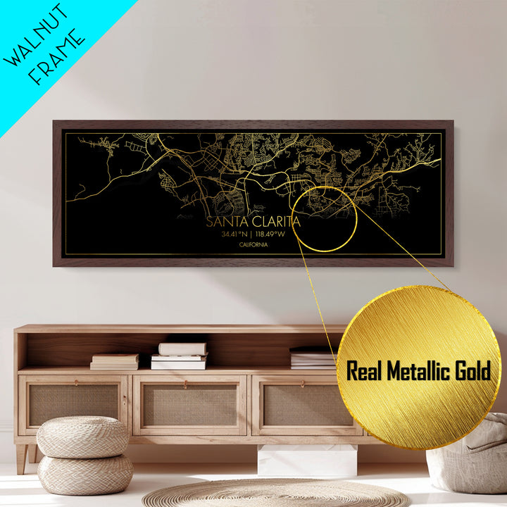 Santa Clarita California City Poster, Panoramic street map, black and gold, Metallic Gold Art, Metal Art, wood framed map, Street Map Art