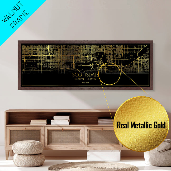 Scottsdale Arizona City Poster, Panoramic street map, black and gold, Metallic Gold Art, Metal Art, wood framed map, Map Print Poster