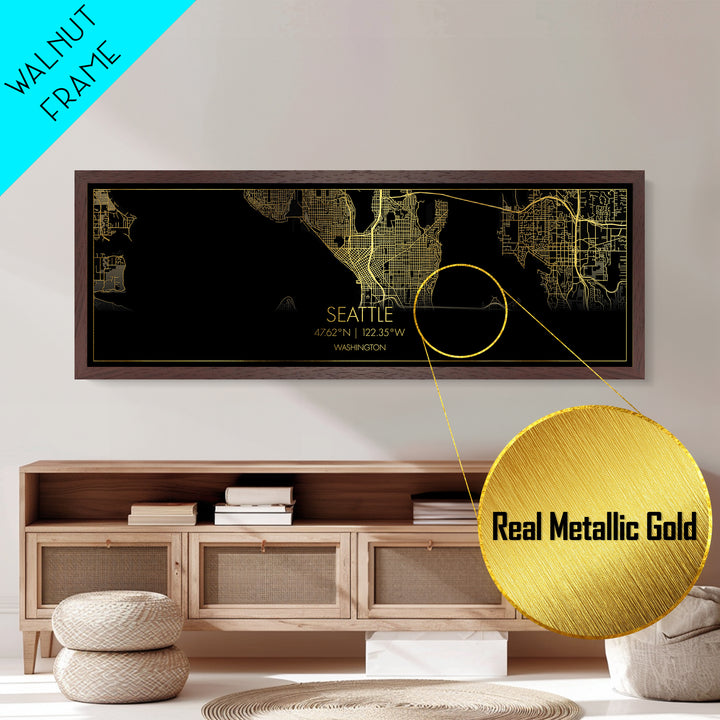 Seattle Washington City street map, Panoramic art, black and gold, Metallic Gold Print, Metal Art, real wood frames, Office Décor
