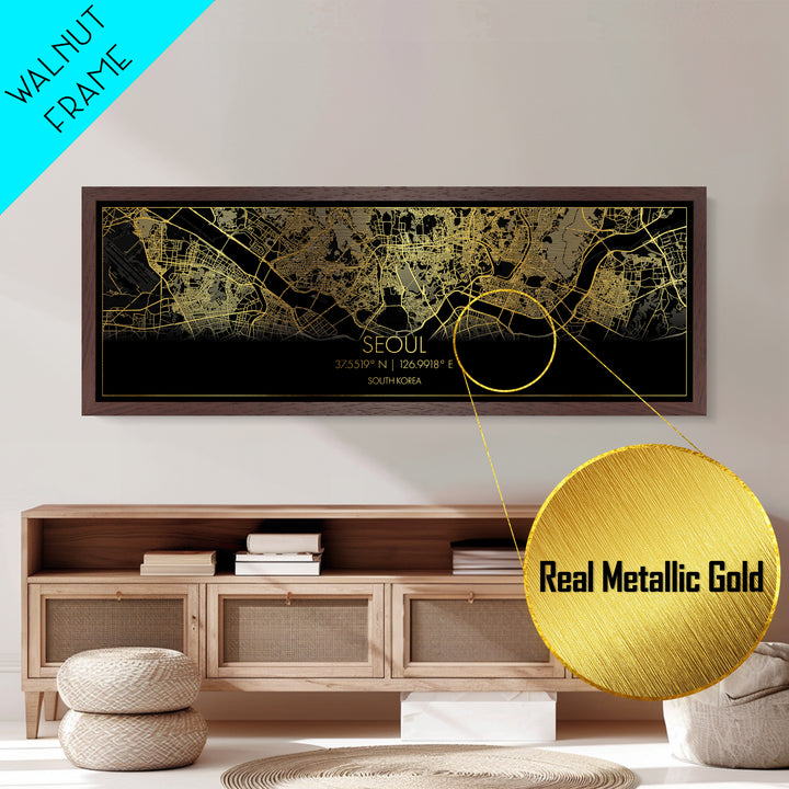 Seoul South Korea City Poster, Panoramic street map, black and gold, Metallic Gold Art, Metal Art, wood framed map, Modern Wall Art
